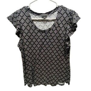 Ann Taylor Flutter Sleeve Top Women's Large Navy Blue White Floral Scoop Neck